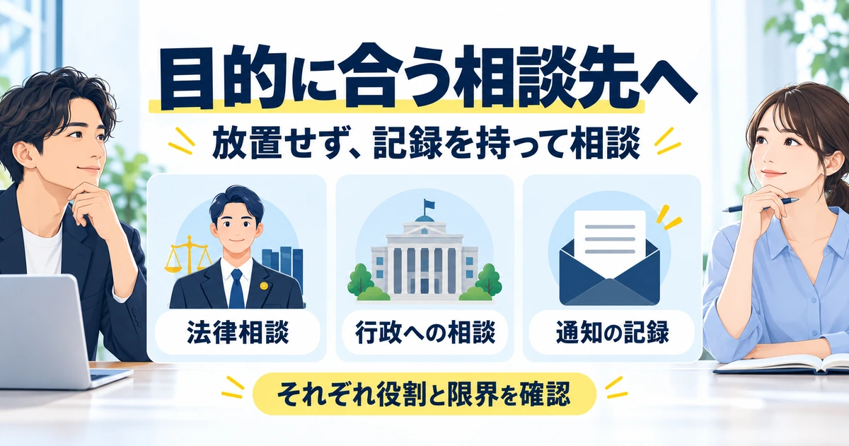 法律相談、行政への相談、通知の記録について役割と限界を確認する図