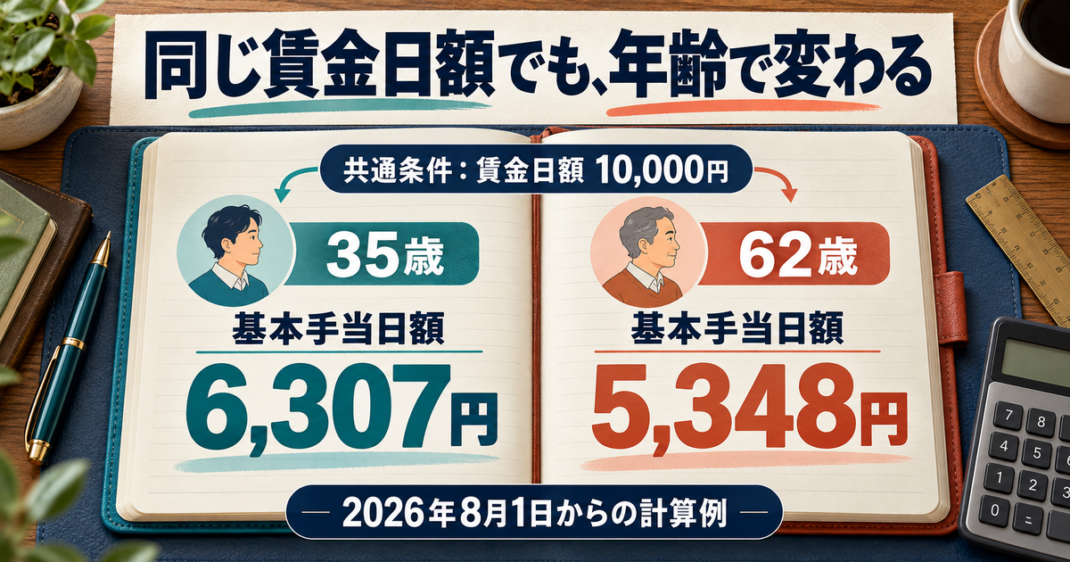 共通の賃金日額1万円で基本手当日額が35歳6307円、62歳5348円となる計算例
