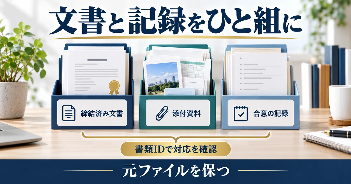 締結済み文書、添付資料、合意の記録を対応付け、取得した元ファイルを保つ図