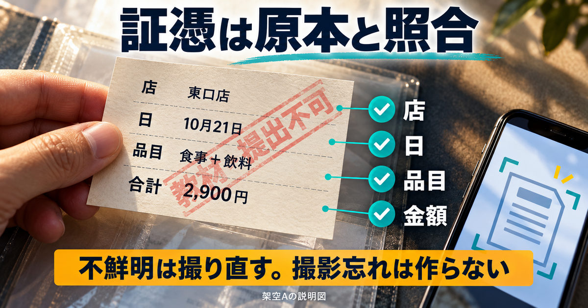 教材・提出不可と明示した確認カードで、東口店、10月21日、食事と飲料、2,900円を照合する図