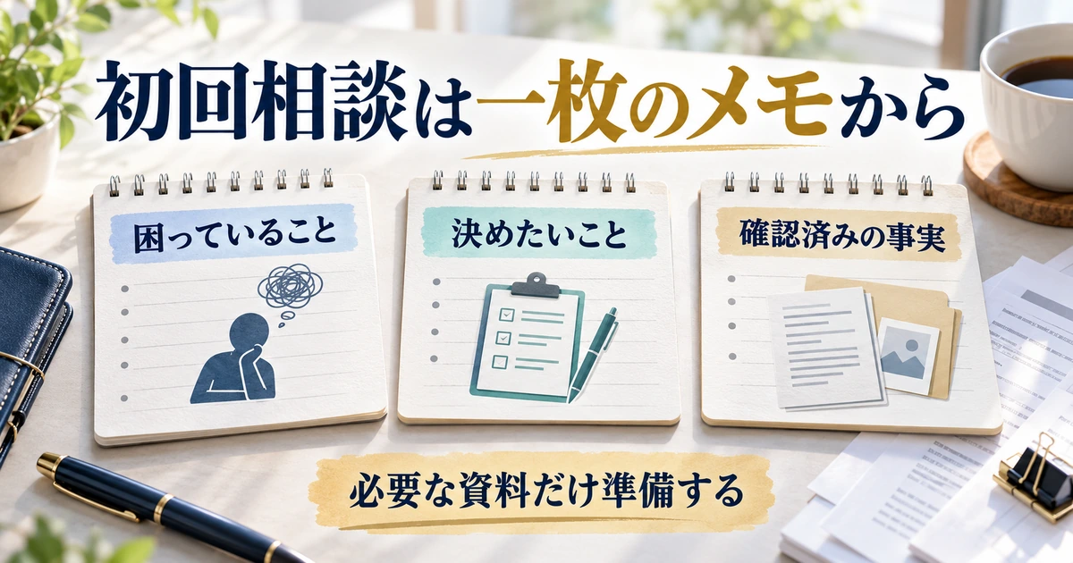 困っていること、決めたいこと、確認済みの事実を一枚にまとめ、必要な資料だけ準備する図
