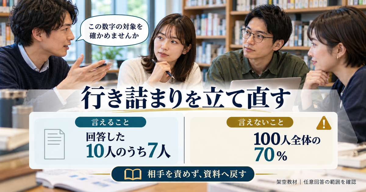 任意回答十人のうち七人という事実を、百人全体の七割とは分けて確かめる討論の練習イメージ