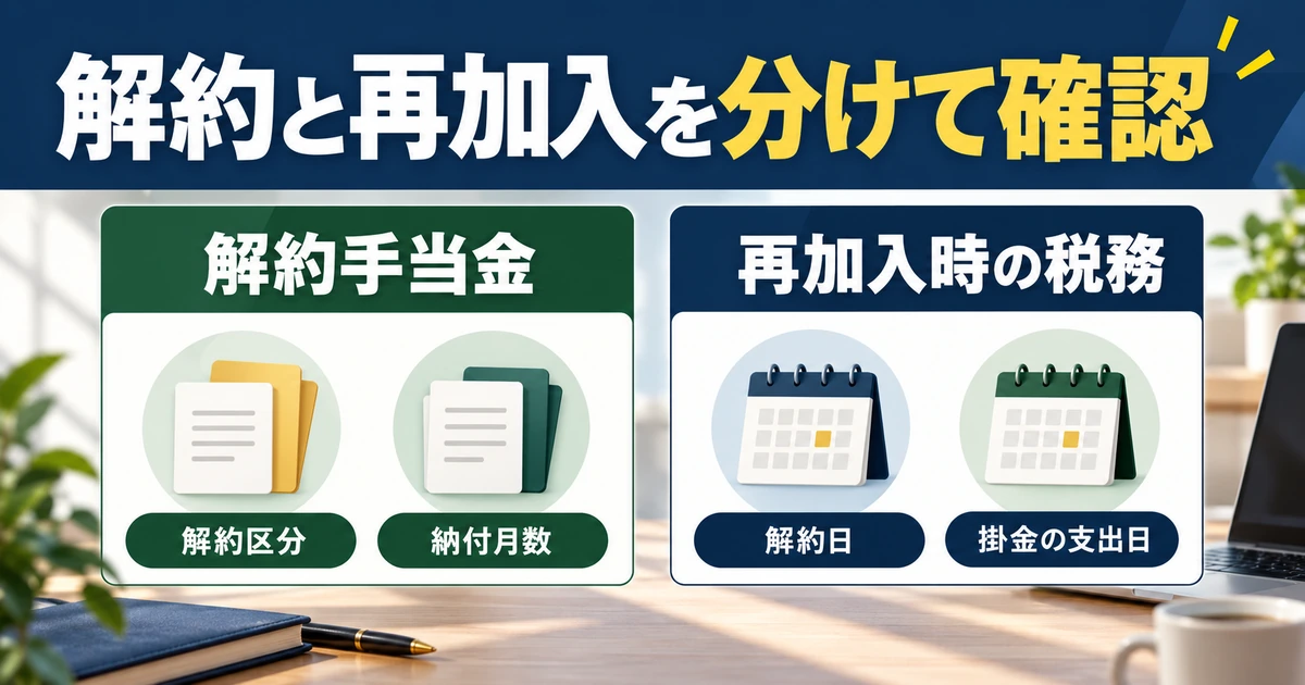 解約手当金の区分・納付月数と、再加入時の解約日・掛金支出日を別の欄で確認する図