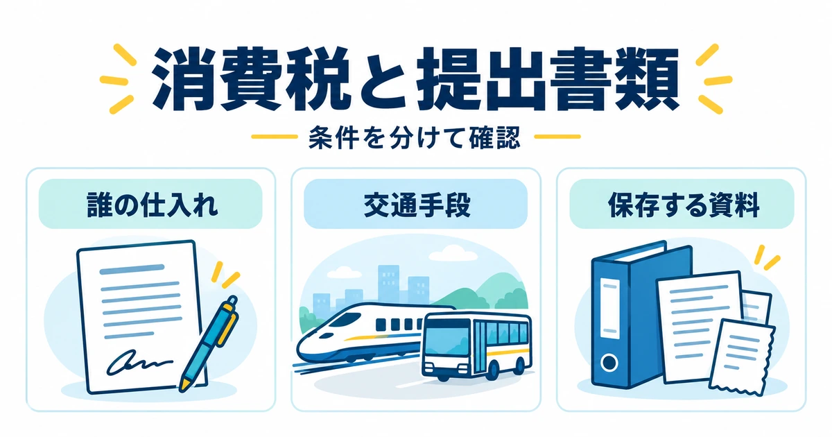 消費税について誰の仕入れか、交通手段、保存資料を分けて確認する図