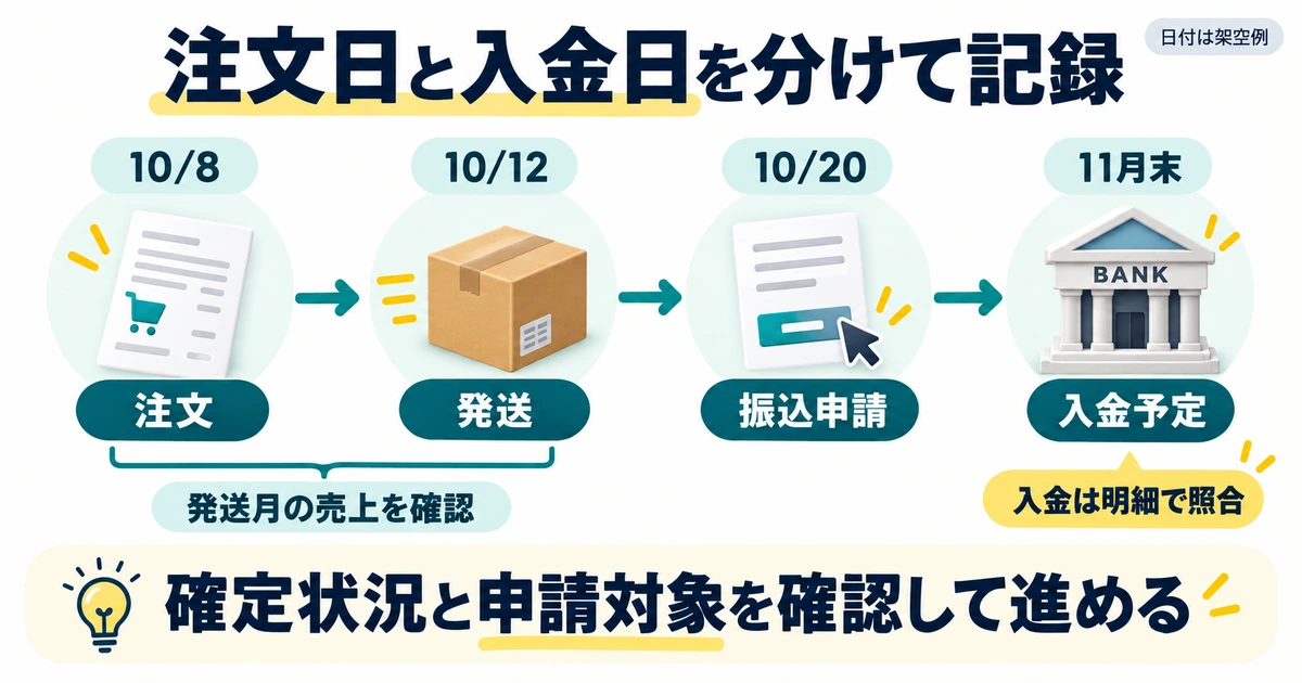 架空の日付で注文、発送、振込申請、入金予定を順に分けた時系列図