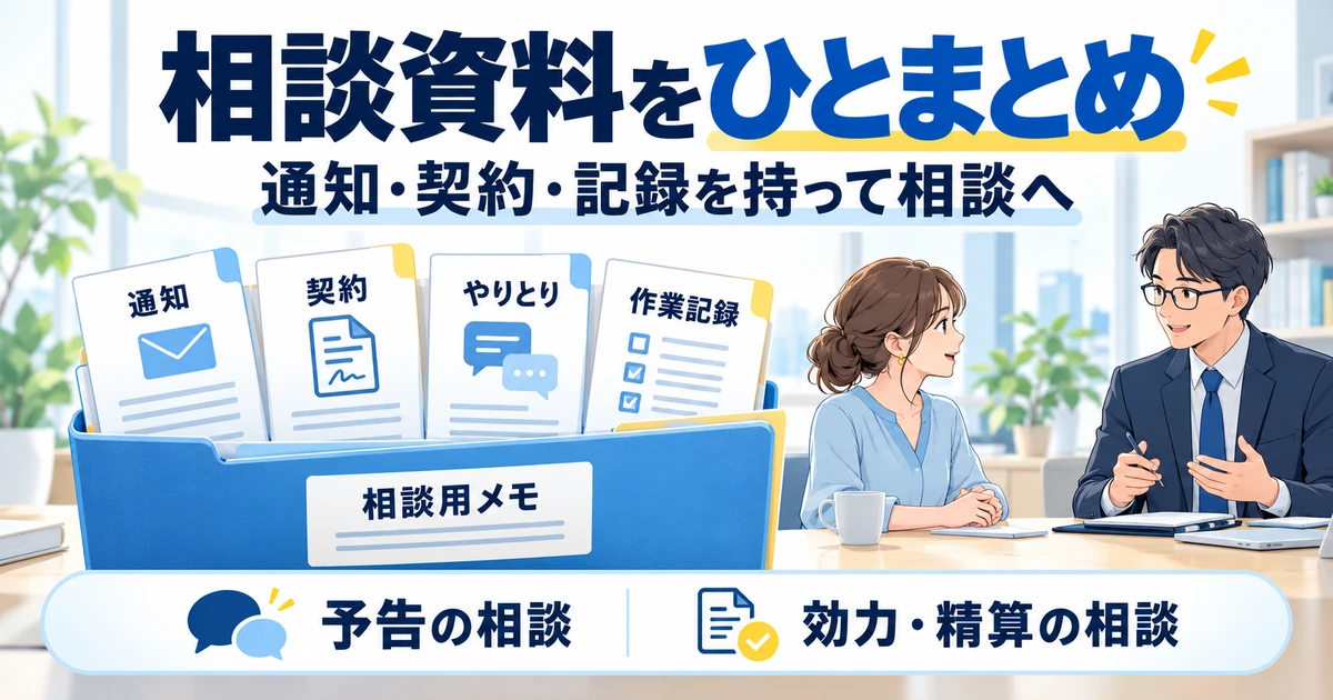 通知、契約、やりとり、作業記録を相談用メモにまとめる図