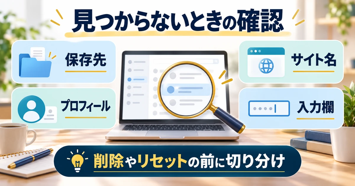 保存先、プロフィール、サイト名、入力欄の四つを削除やリセットの前に確認する図