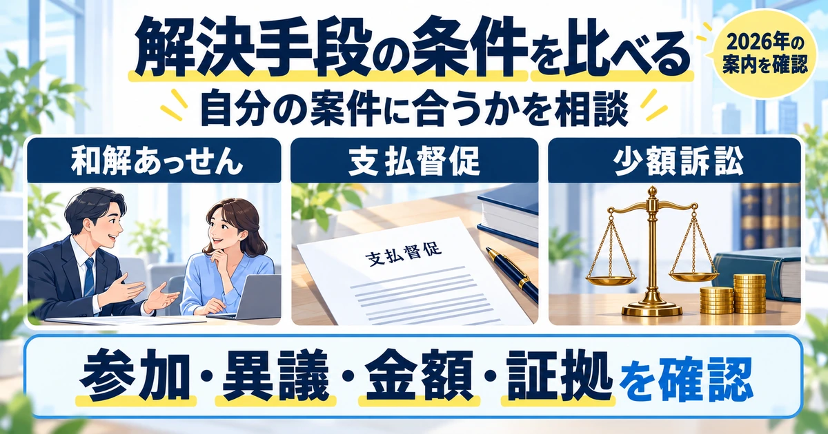 和解あっせん、支払督促、少額訴訟の参加・異議・金額・証拠の条件を比べる図