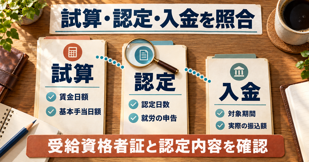 試算の日額、認定日数と就労申告、入金の対象期間と振込額を照合する図