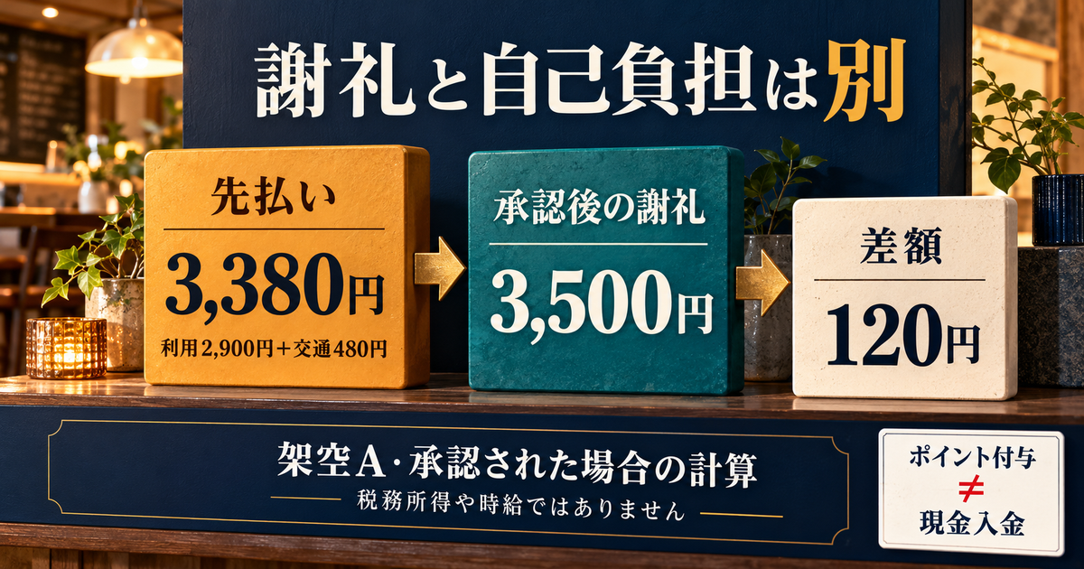 架空Aで承認された場合の先払い3,380円、謝礼3,500円、差額120円と、ポイント付与と入金の違いを示す図