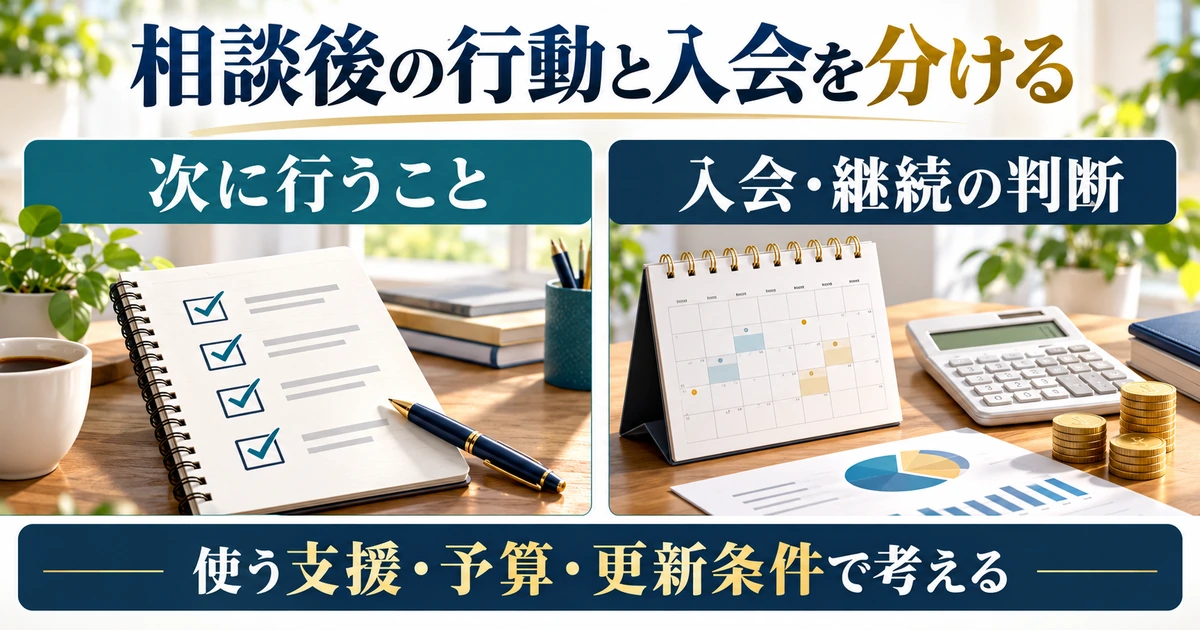 相談後に行うことと、使う支援・予算・更新条件による入会や継続の判断を分ける図