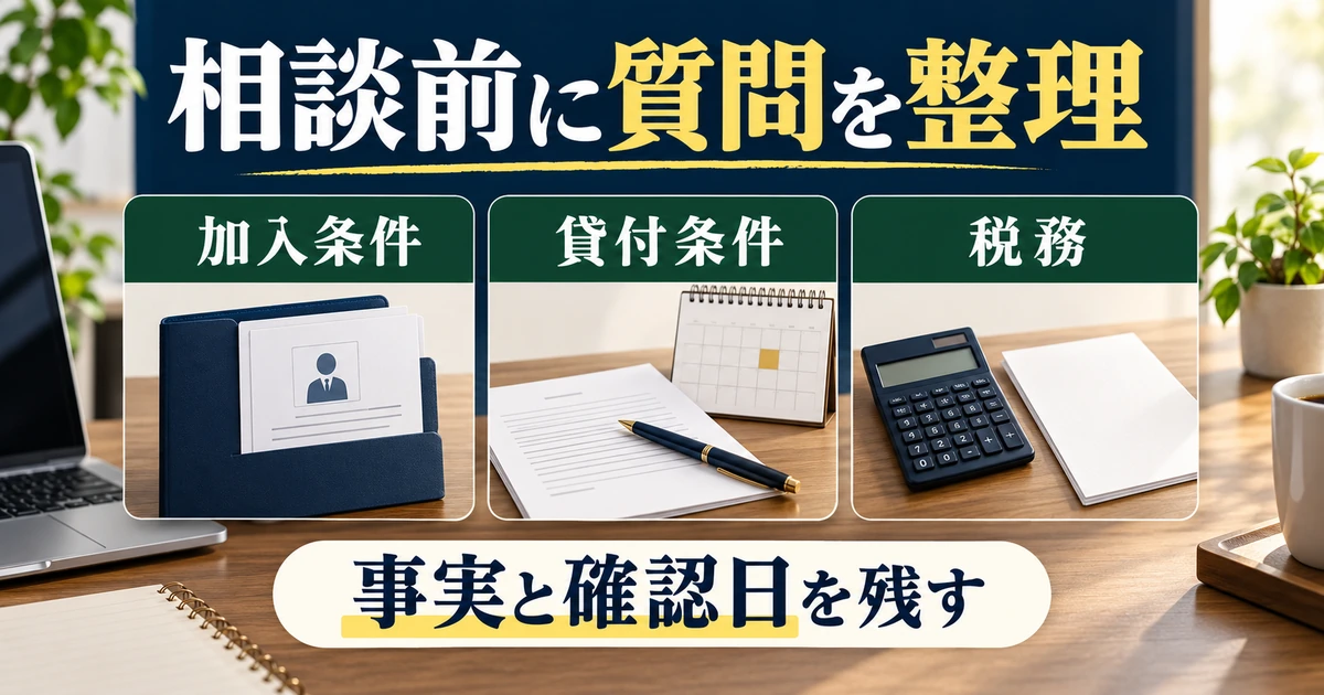 加入条件、貸付条件、税務の質問を分けて事実と確認日を残す図