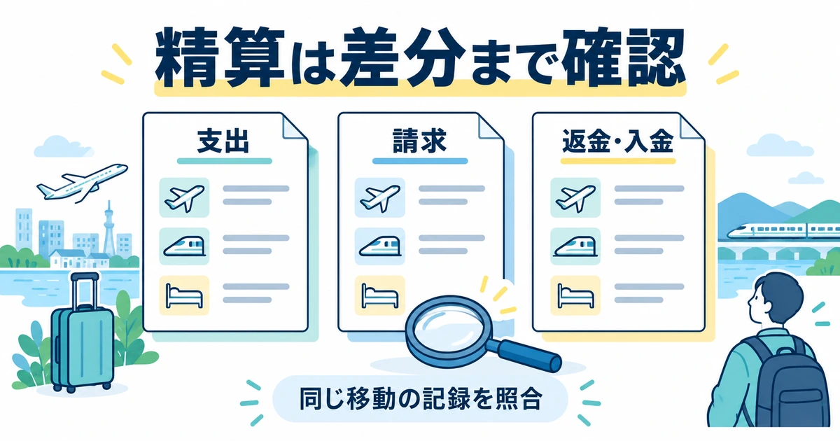 同じ移動の支出、請求、返金と入金を照合する図