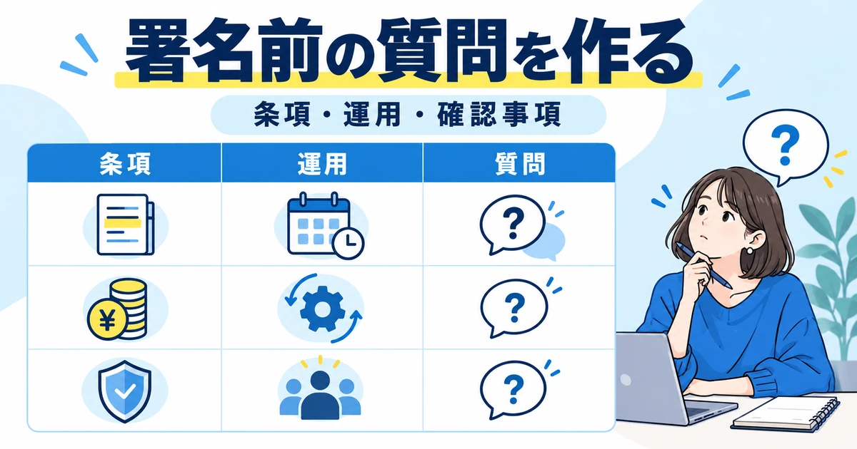 条項、実際の運用、相手に確認する質問を三列に並べるレビュー表の図