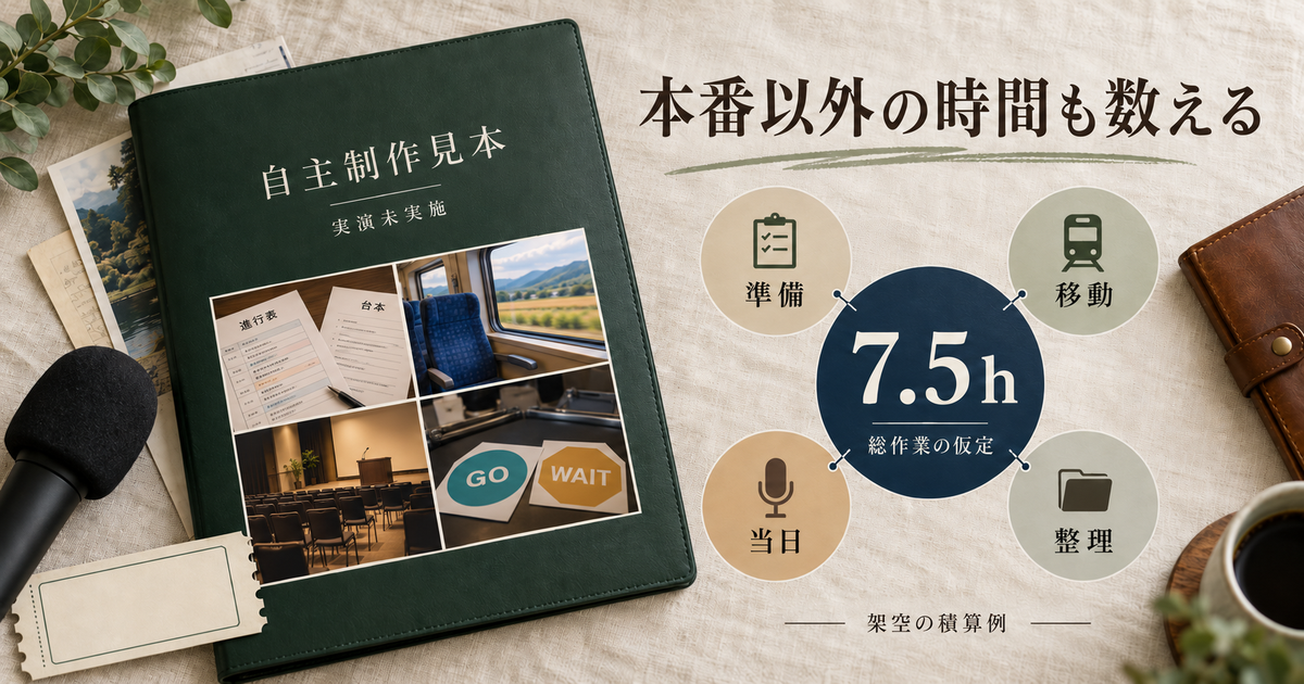 自主制作の見本と、準備・移動・当日・整理を含めた総作業7.5時間の架空積算を示すAI生成のイメージ