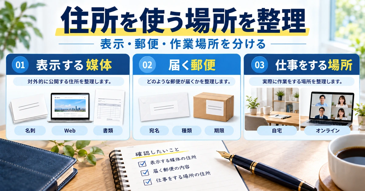 住所の使用先、届く郵便、実際の作業場所を別々に整理する要件票