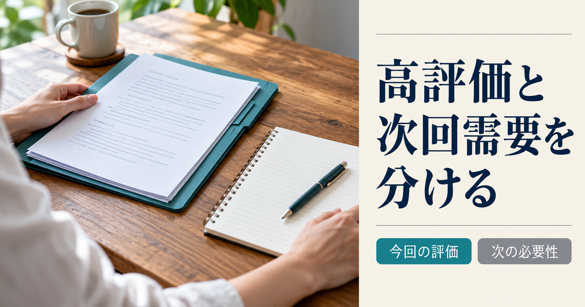 「高評価と次回需要を分ける」の見出しと、原稿の載った青緑フォルダーと白紙の多いノートを離して確認する手元