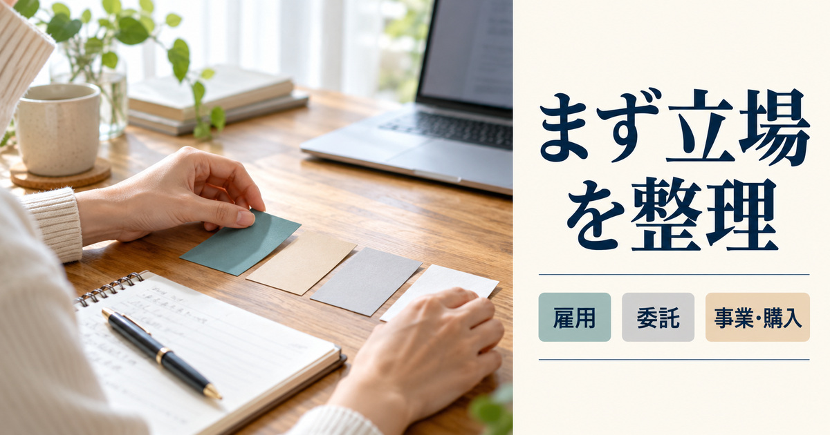 「まず立場を整理」の見出しと、ノートとパソコンのある机で四枚の分類カードを並べる手元