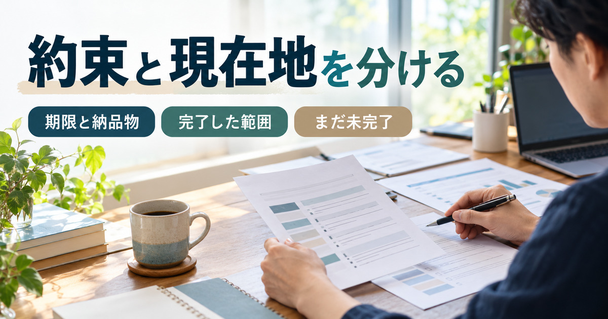 「約束と現在地を分ける」の見出しと、二つの資料をペンで照合する写真調イメージ