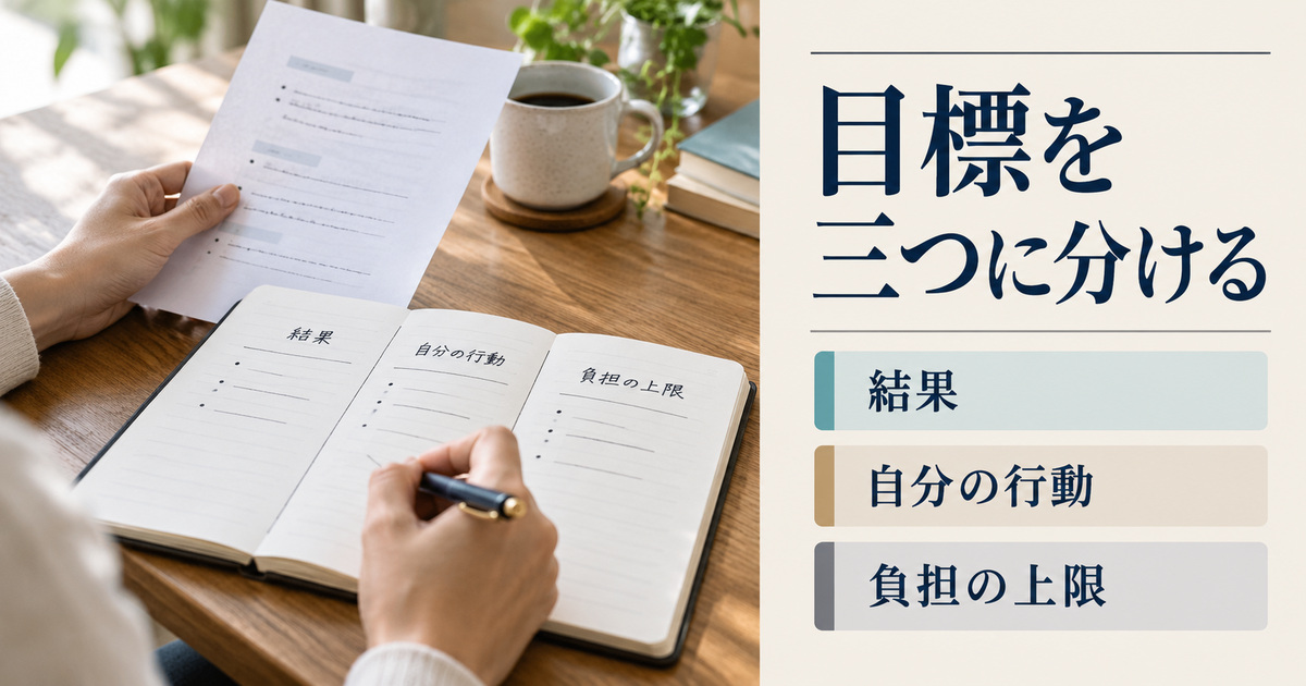 「目標を三つに分ける」の見出しと、結果・自分の行動・負担の上限に分けたノートを紙の資料と照合する手元
