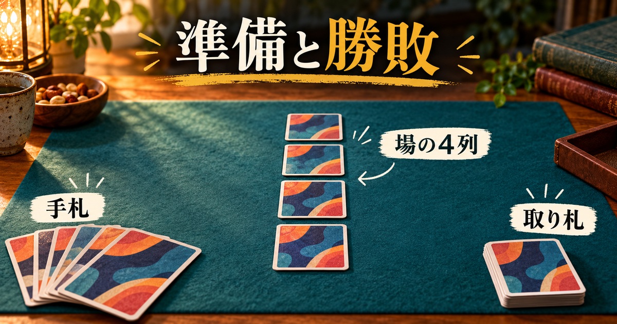 手札、場の4列、取り札の場所を分ける準備の概念画像