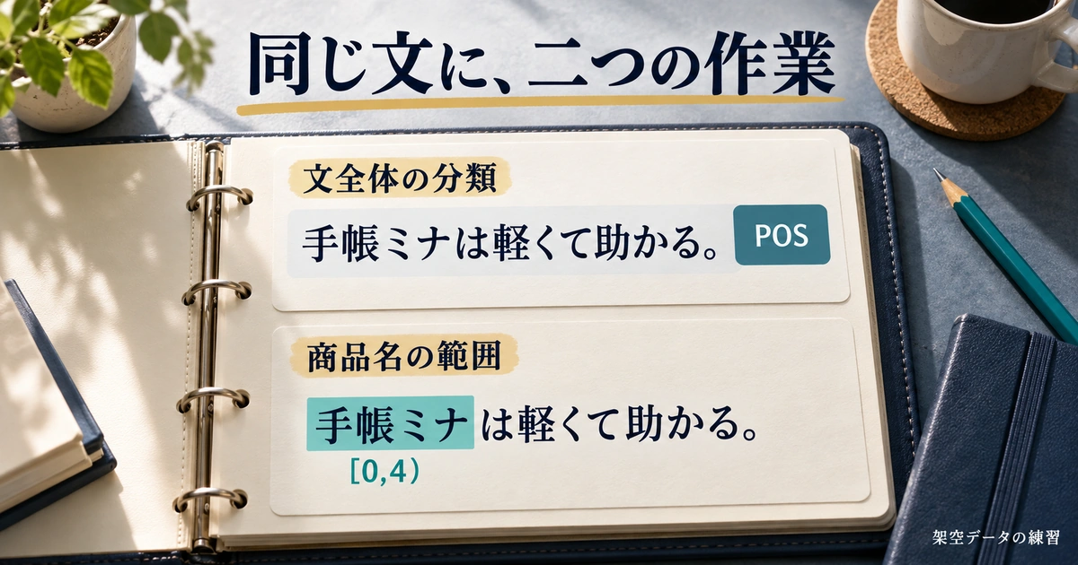 同じ文章について、文全体の分類結果POSと商品名「手帳ミナ」の範囲[0,4)を分けた例。