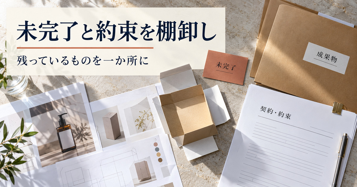 未完成の成果物と契約・約束の書類を一か所に並べた棚卸しの写真調画像