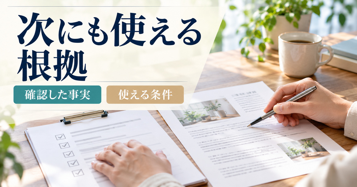 「次にも使える根拠」の見出しと、チェックリストと完成原稿を並べ、ペン先で原稿の内容を確かめる手元