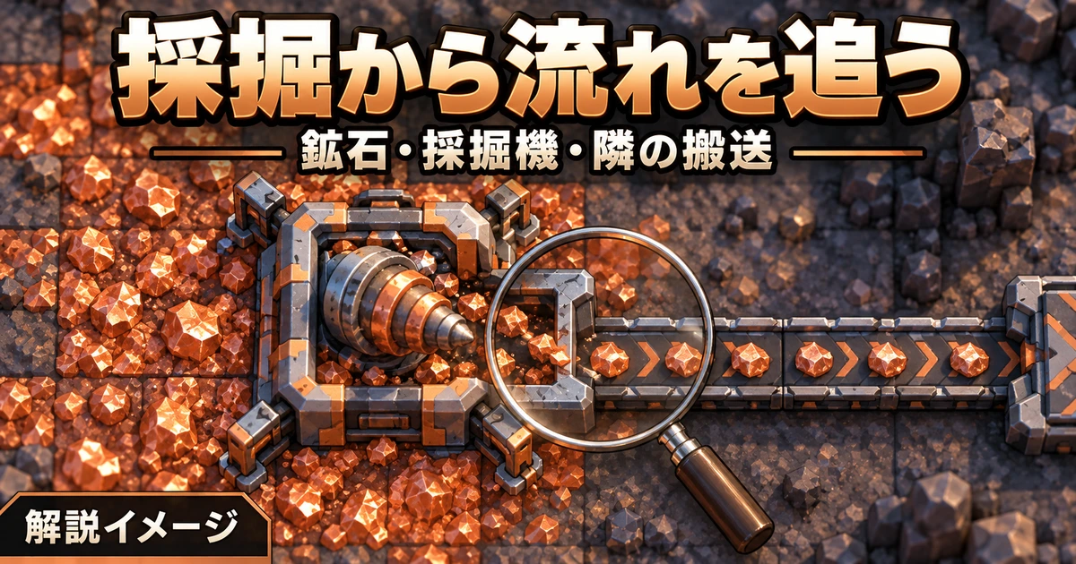 銅鉱石上の採掘機と隣接するコンベアへの受け渡しを確かめる解説イメージ