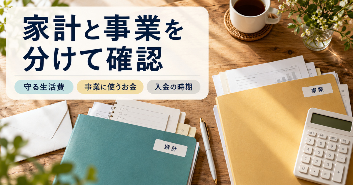 「家計と事業を分けて確認」の見出しと、青緑の家計用フォルダー、黄色の事業用フォルダー、電卓を分けて置いた食卓