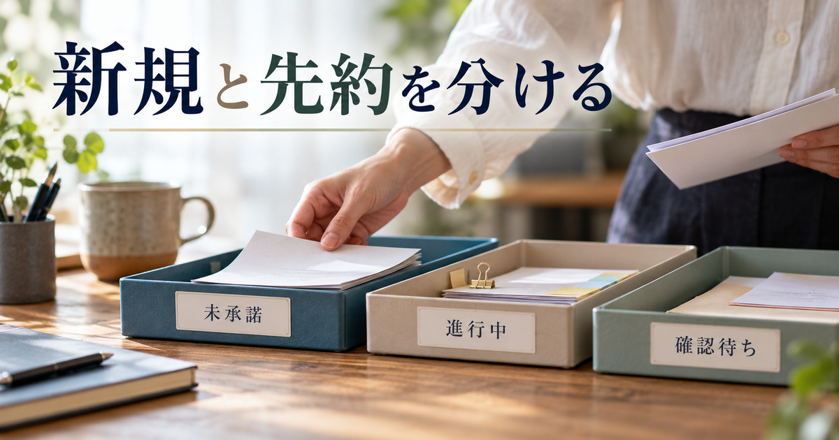 「新規と先約を分ける」の見出しと、未承諾・進行中・確認待ちの書類を仕分ける写真調イメージ