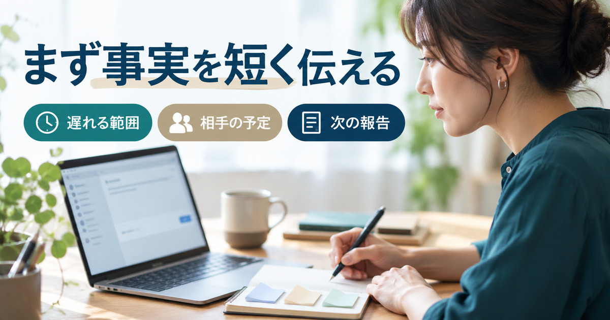 「まず事実を短く伝える」の見出しと、パソコンの横で連絡メモを書く架空人物の写真調イメージ