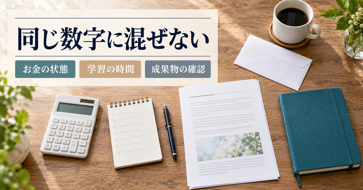 「同じ数字に混ぜない」の見出しと、電卓と取引メモ、原稿、閉じた青緑のノートを分けて並べた机