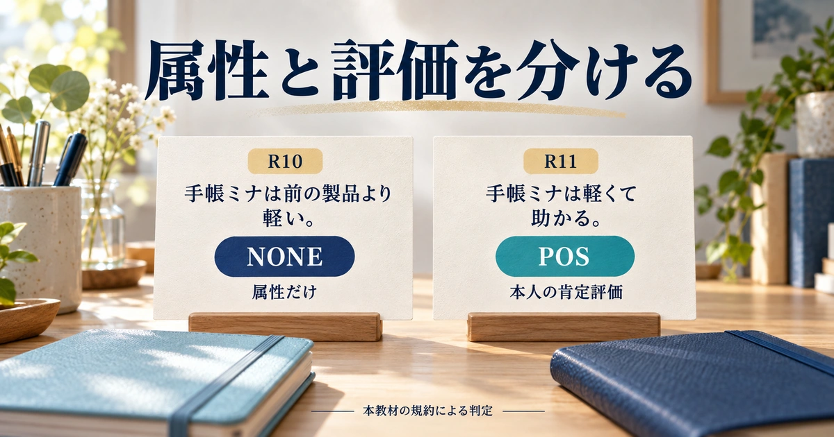 属性だけを述べるR10のNONEと、軽くて助かると評価するR11のPOSを比較した架空教材。