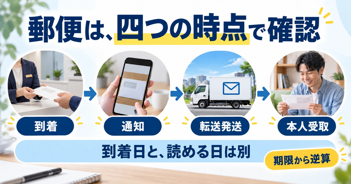 郵便の到着、写真通知、転送発送、本人受取を四つの時点に分けた流れ