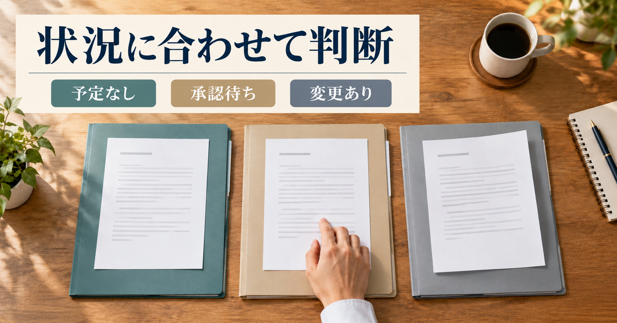 「状況に合わせて判断」の見出しと、青緑・ベージュ・グレーの三つのフォルダーに載せた資料を確認する手元