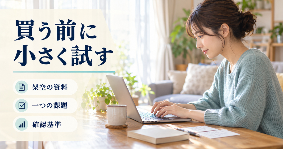 「買う前に小さく試す」の見出しと、本や課題カードを置いた自宅の机でノートパソコンに向かう人