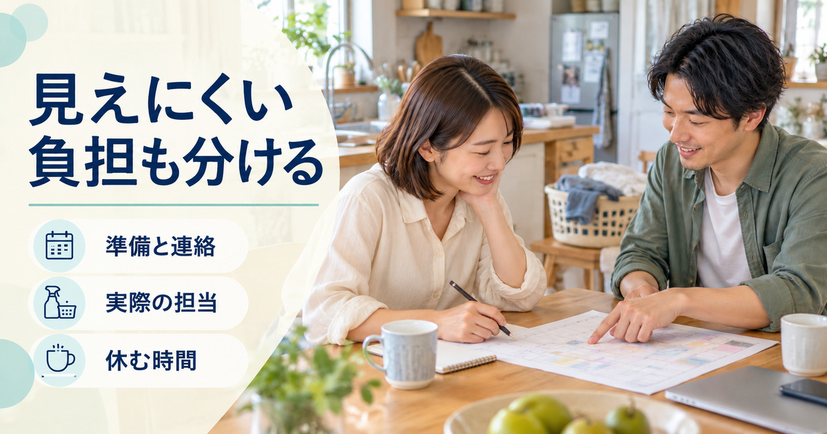「見えにくい負担も分ける」の見出しと、洗濯かごがある自宅で二人が予定表を指しながら確認する場面
