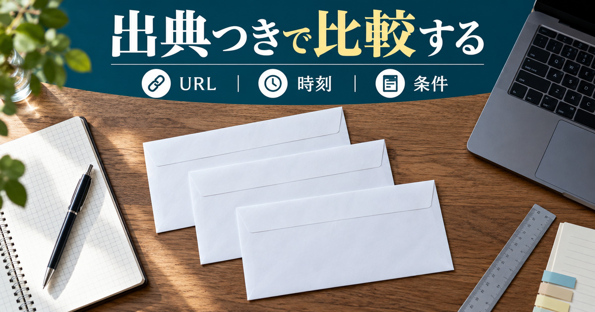 白い汎用封筒3枚とノートを並べ、URL・時刻・条件付きで比較する写真調イメージ