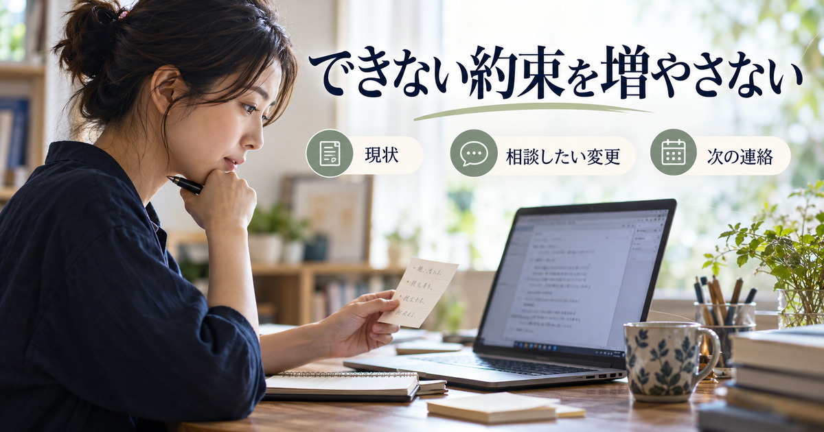「できない約束を増やさない」の見出しと、短い連絡メモを読む架空人物の写真調イメージ