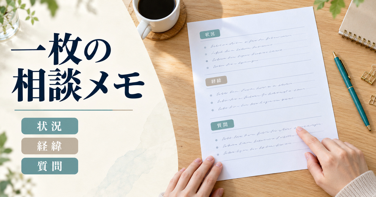 「一枚の相談メモ」の見出しと、状況・経緯・質問に分けた一枚のメモを上から確認する手元