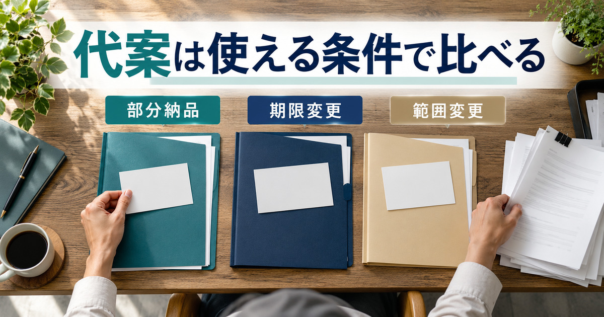 「代案は使える条件で比べる」の見出しと、部分納品・期限変更・範囲変更を三つのファイルで整理する写真調イメージ