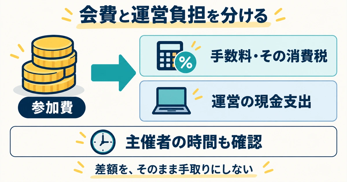 参加費から手数料と運営費を分け、主催者の時間も確認する費用の図