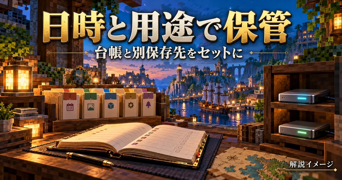 台帳と日付別ファイルと別の保管場所を表す解説イメージ