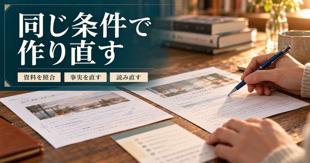 「同じ条件で作り直す」の見出しと、修正入りの原稿と整えた原稿を並べ、青ペンで内容を照合する手元