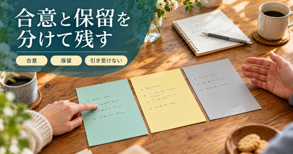 「合意と保留を分けて残す」の見出しと、食卓の青緑・黄色・グレーのメモカードを左右から確認する二人の手元