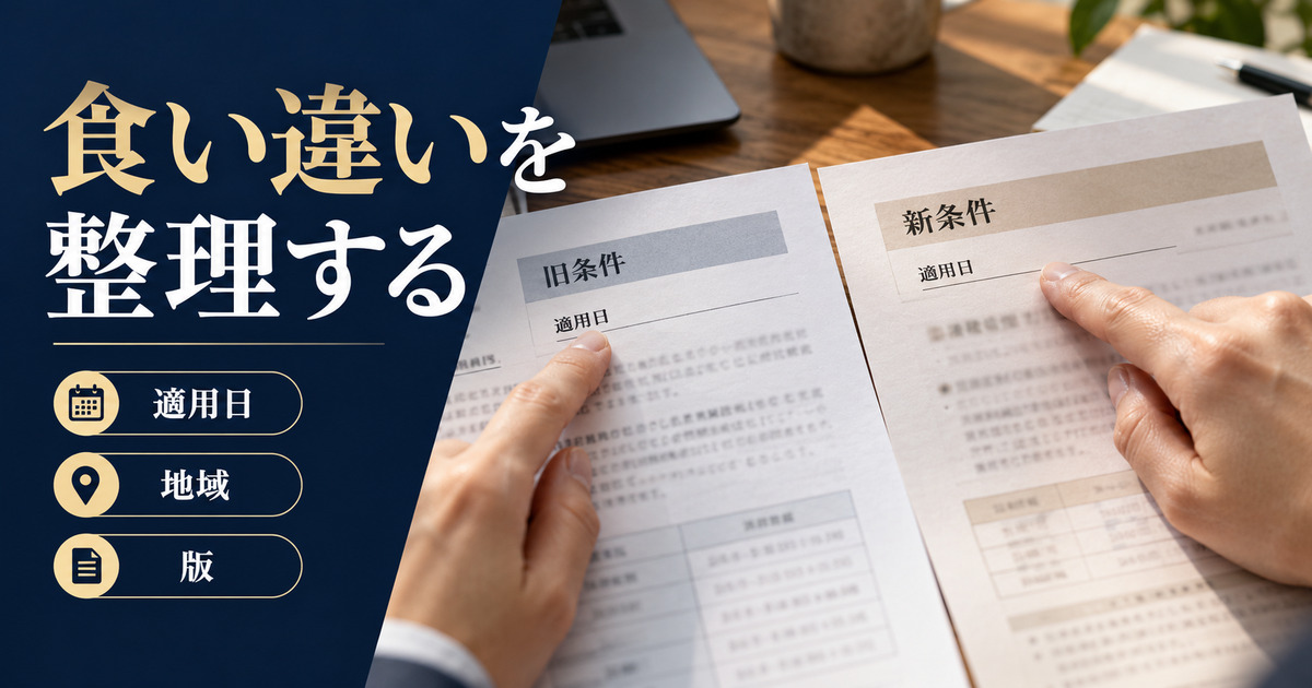 二枚の資料の適用日を指して、旧条件と新条件の食い違いを整理する写真調イメージ