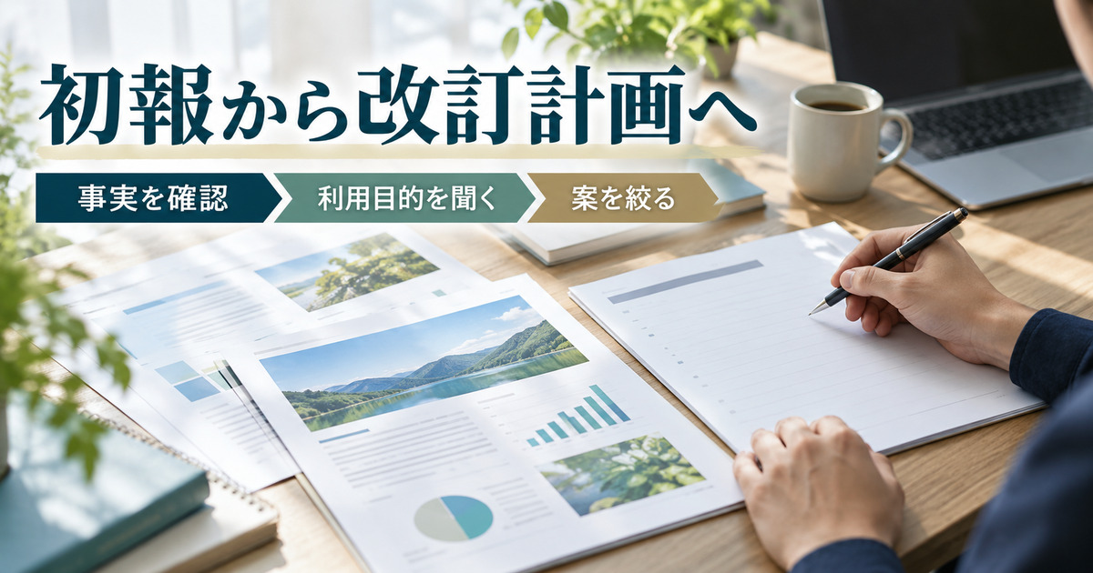 「初報から改訂計画へ」の見出しと、架空の研修資料と計画を見比べる写真調イメージ