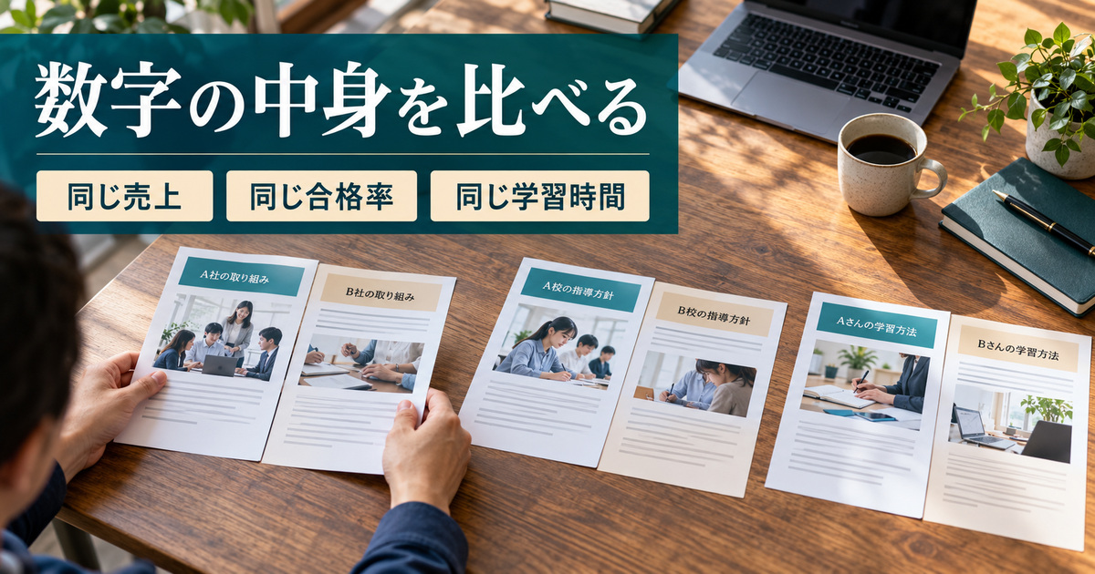 「数字の中身を比べる」の見出しと、青緑とベージュの三組の資料を机に並べて見比べる人