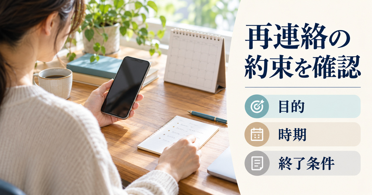 「再連絡の約束を確認」の見出しと、卓上カレンダーのある机でスマートフォンと手元のメモを確認する人の肩越しの場面